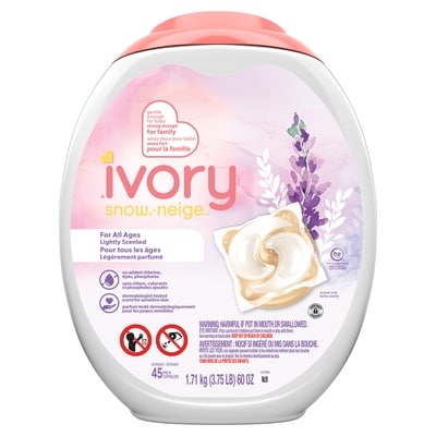 Ivory Snow Laundry Detergent Pacs, Lightly Scented, Lavender, HE Compatible, 45 Count 45 ea, $0.49/1ea