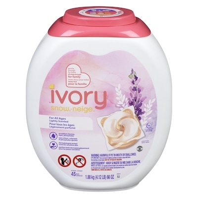 Ivory Snow Capsules de détergent à lessive Neige, légèrement parfumées, parfum Lavande, compatibles avec les laveuses HE, 45 capsules 45 ea, 0,56 $/1ch
