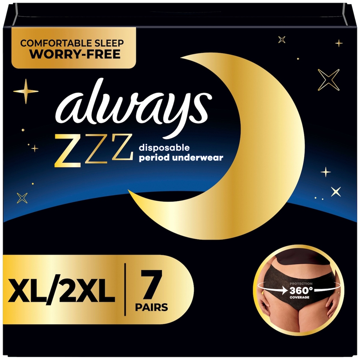 Always ZZZ Overnight Disposable Period Underwear for Women Sz XL-2XL, 360° Coverage for Worry-Free Nights, 7 Count 7 ea, $2.00/1ea