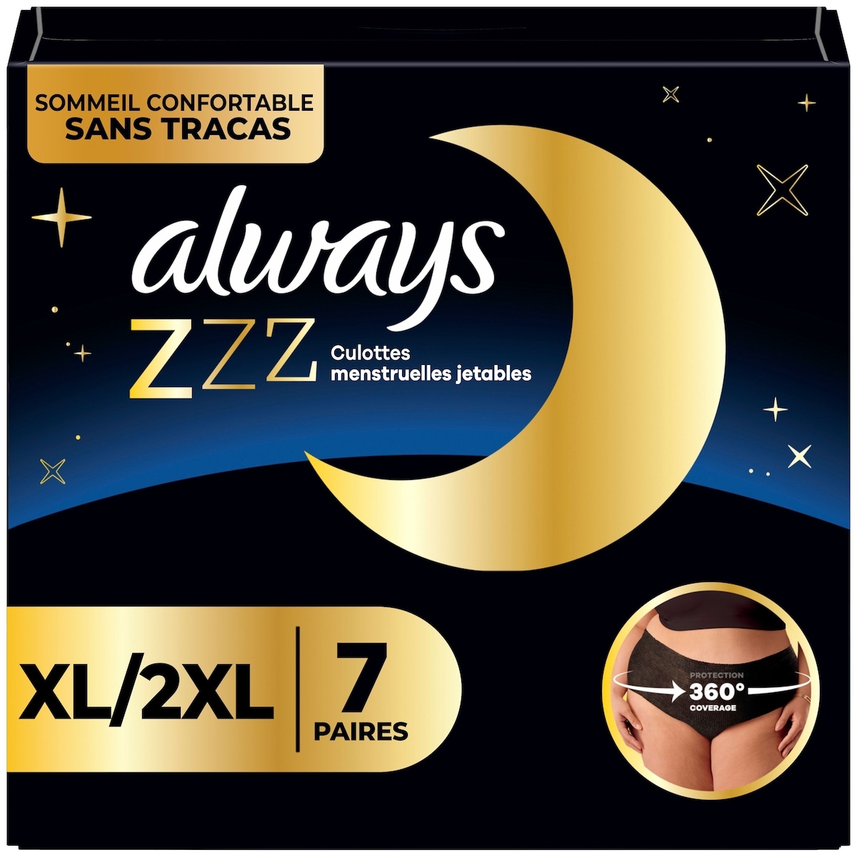 Always Sous-vêtements jetables pour les règles ZZZ de nuit, protection à 360° pour des nuits sans tracas, pour femmes, taille&nbsp;TG/TTG, 7 sous-vêtements 7 ea, 2,00 $/1ch