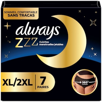 Always Sous-vêtements jetables pour les règles ZZZ de nuit, protection à 360° pour des nuits sans tracas, pour femmes, taille&nbsp;TG/TTG, 7 sous-vêtements 7 ea, 2,21 $/1ch