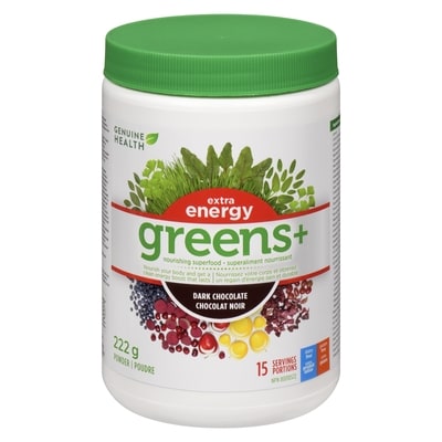 Genuine Health Superaliment nourrissant poudre extra energy greens+ chocolat noir 222 g, 17,43 $/100g