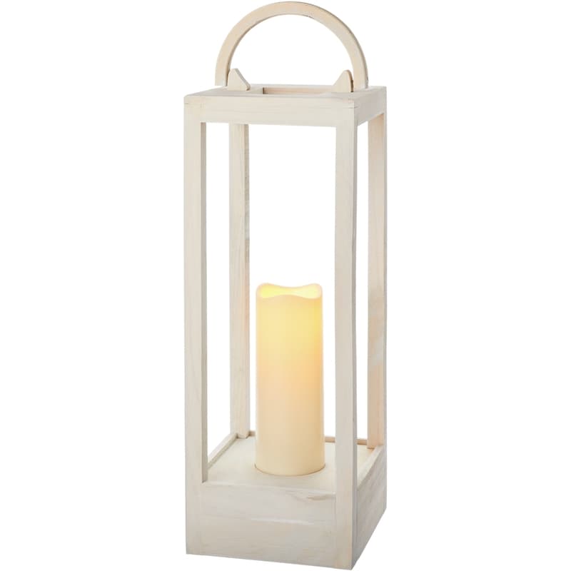 Large Wood Lantern with LED Candle - White