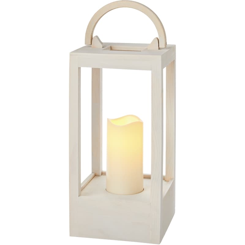 Wood Lantern with LED Candle - White
