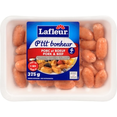 Lafleur P'tit bonheur saucisses porc et boeuf 375 g, 1,60 $/100g