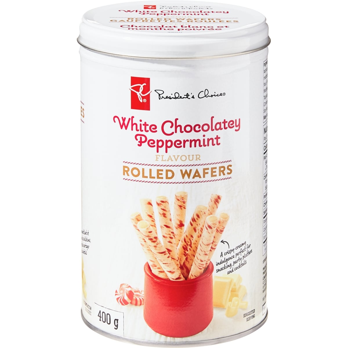 President's Choice White Chocolatey Peppermint Flavoured Rolled Wafers 400 g, $1.37/100g