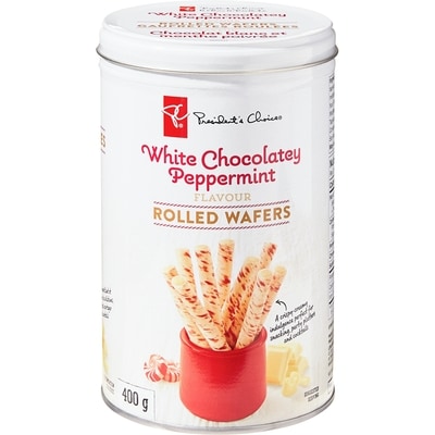 President's Choice White Chocolatey Peppermint Flavoured Rolled Wafers 400 g, $1.50/100g