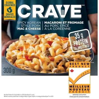 Crave Macaroni et fromage au porc épicé à la coréenne surgelé, boîte 300 g, 2,26 $/100g