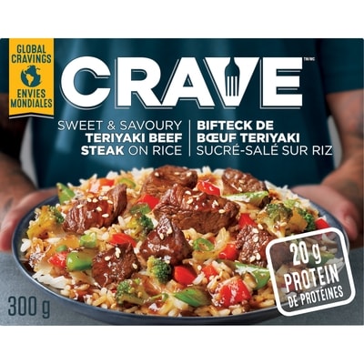 Crave Steak de bœuf teriyaki sucré et salé sur riz surgelé, boîte 300 g, 2,26 $/100g