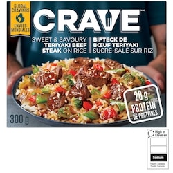 Crave Steak de bœuf teriyaki sucré et salé sur riz surgelé, boîte 300 g, 1,93 $/100g
