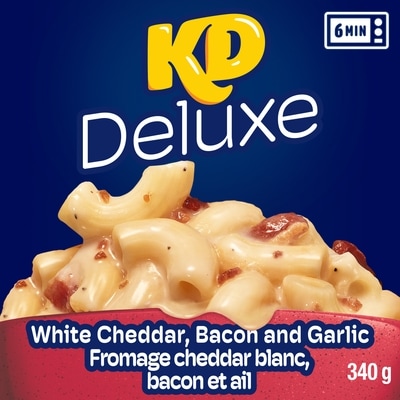 Kraft Macaroni et fromage au cheddar blanc, bacon et ail surgelé kd deluxe, boîte 340 g, 1,99 $/100g