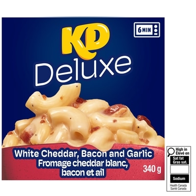 Kraft Macaroni et fromage au cheddar blanc, bacon et ail surgelé kd deluxe, boîte 340 g, 1,10 $/100g