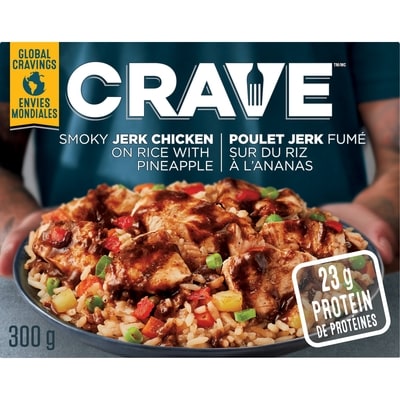 Crave Poulet fumé à la jamaïcaine sur riz avec ananas surgelé, boîte 300 g, 2,16 $/100g