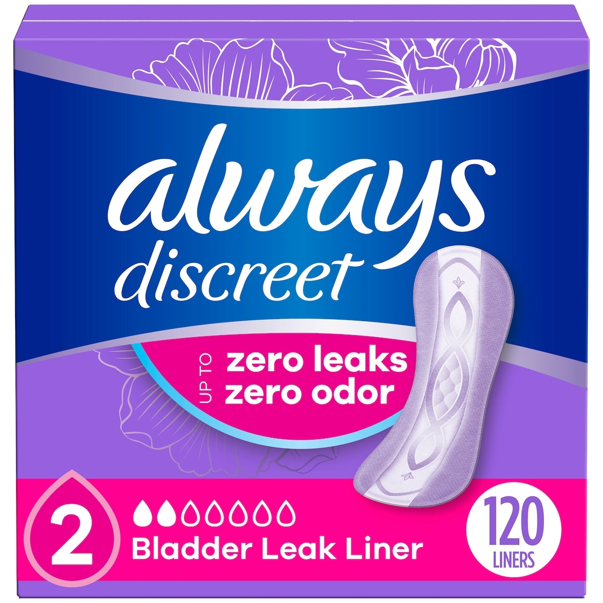 Always Incontinence Panty Liners For Bladder Leaks, 2 Size, Very Light Absorbency 120 ea, $0.17/1ea