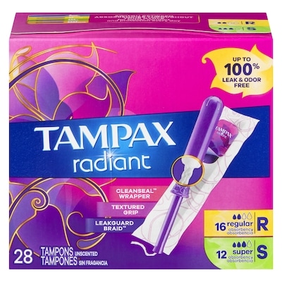 Tampax Radiant Tampons Duo Pack, Regular/Super Absorbency, Unscented 28 ea, $0.43/1ea