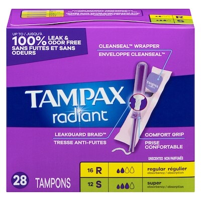 Tampax Tampons tampax radiant duo, régulier/super, non parfumés 28 ea, 0,43 $/1ch