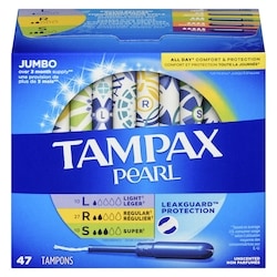 Pearl Tampons Trio Multipack, with LeakGuard Braid, Light/Regular/Super Absorbency, Unscented, 47 Count.
