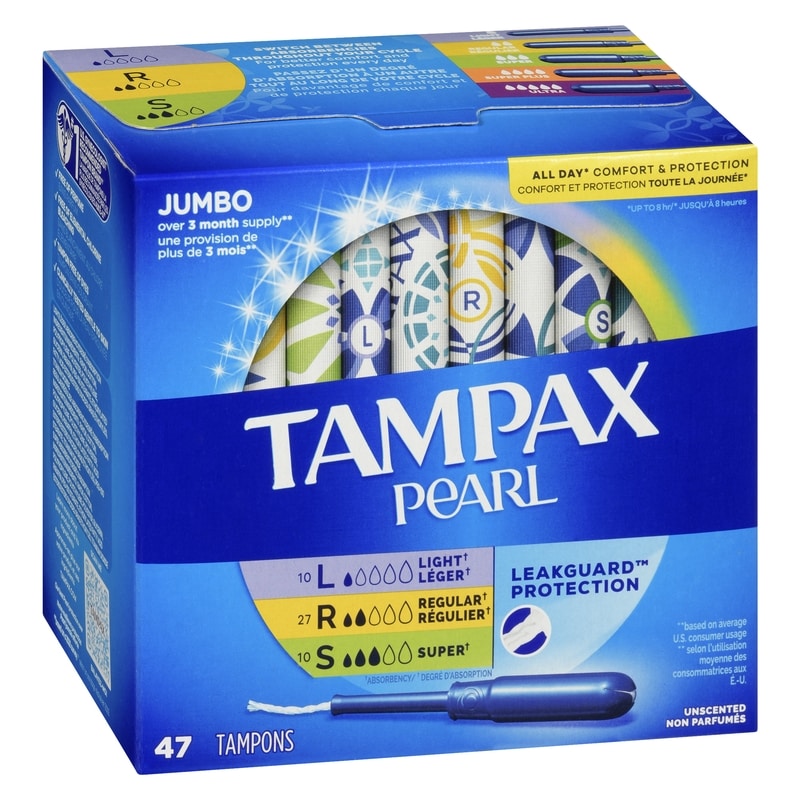 Pearl Tampons Trio Multipack, with LeakGuard Braid, Light/Regular/Super Absorbency, Unscented, 47 Count.