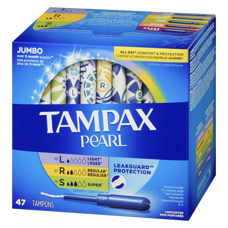 Pearl Tampons Trio Multipack, with LeakGuard Braid, Light/Regular/Super Absorbency, Unscented, 47 Count.