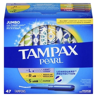 Tampax Tampons Pearl avec tresse anti-fuites LeakGuard, degré d’absorption léger/régulier/super, emballage triple, non parfumés, 47 tampons. 47 ea, 0,34 $/1ch