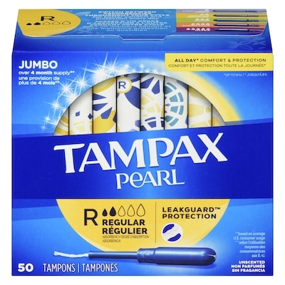 Tampax Tampons pearl, degré d’absorption régulier, 50 tampons 50 ea, 0,32 $/1ch