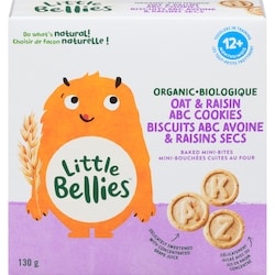 Little Bellies Les tout-petits trottinent mini-bouchées cuites au four biologique biscuits abc avoine & raisins secs 12+ mois 130 g, 4,45 $/100g