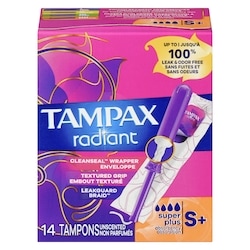 Radiant Tampons with LeakGuard Braid, Super Plus Absorbency, Unscented, 14 Count