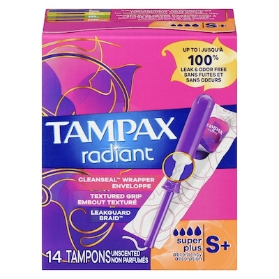 Tampax Tampons Radiant avec tresse anti-fuites LeakGuard, degré d’absorption super plus, non parfumés, 14 tampons 14 ea, 0,50 $/1ch