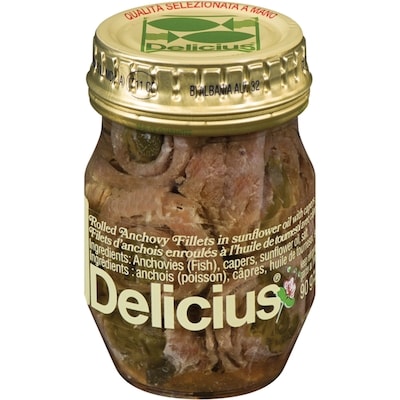 Delicius Rolled Anchovy Fillets with Capers in Sunflower Oil 90 g, $7.77/100g