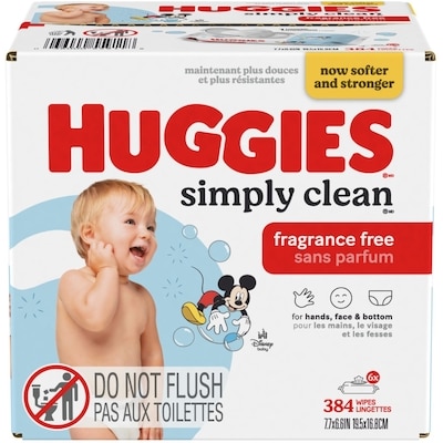 Huggies Lingettes pour bébés Simply Clean, non parfumées, 6 emballages à couvercle rabattable  384 ea, 0,04 $/1ch