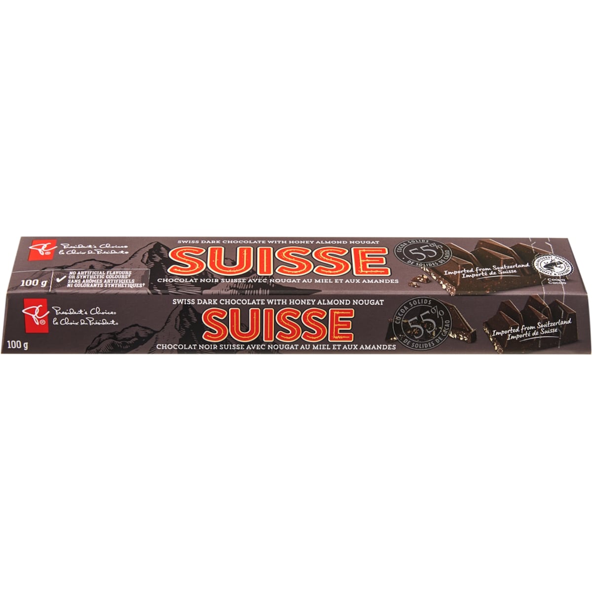 President's Choice Suisse Swiss Dark Chocolate with Honey Almond Nougat 100 g, $2.50/100g