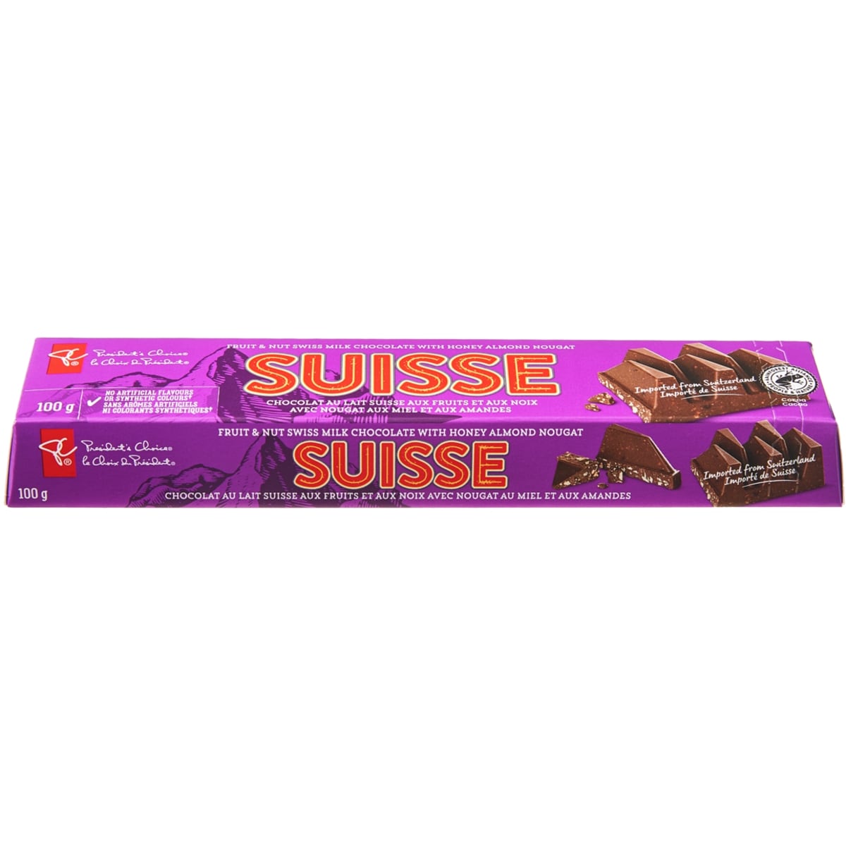 President's Choice Suisse Swiss Fruit & Nut Milk Chocolate with Honey Almond Nougat 100 g, $2.50/100g