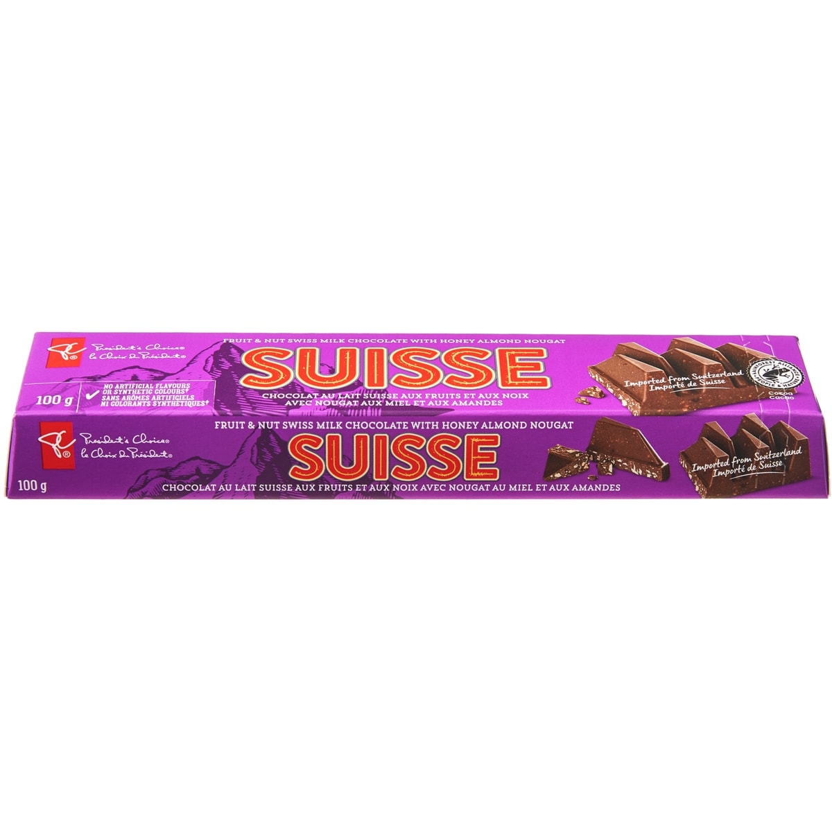 le Choix du Président Chocolat au lait suisse aux fruits et aux noix avec nougat au miel et aux amandes 100 g, 2,50 $/100g