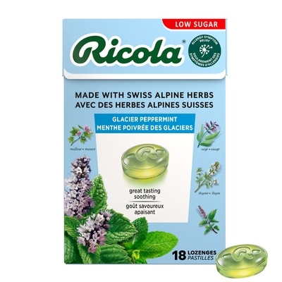 Ricola Boîte Menthe poivrée des glaciers, Rafraîchissement et soulagement délicieusement naturel et faible en sucre pour la gorge (90) 18 ea, 0,18 $/1ch