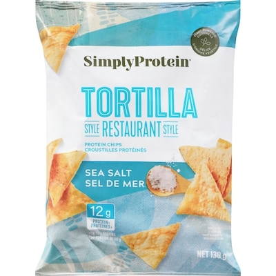 Simply Protein Croustilles protéinées de style restaurant tortilla sel de mer 130 g, 4,22 $/100g