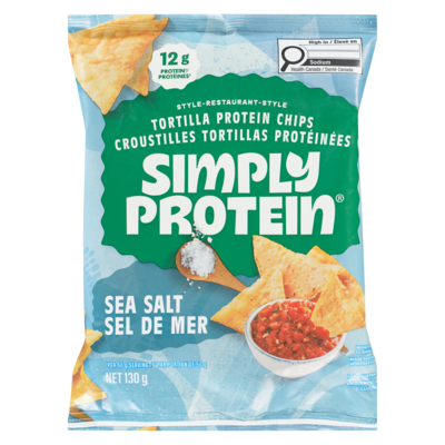 Simply Protein Croustilles protéinées de style restaurant tortilla sel de mer 130 g, 3,85 $/100g