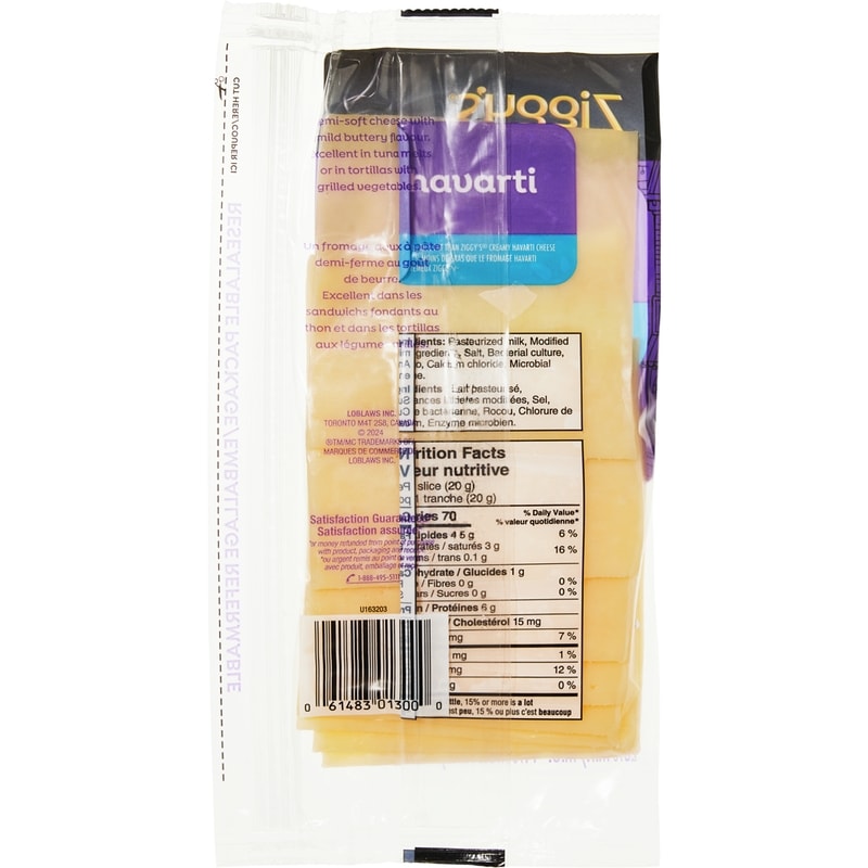 Havarti Cheese Slices, Less Fat