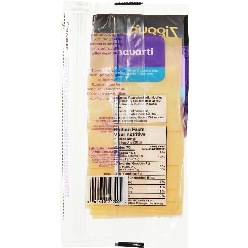 Havarti Cheese Slices, Less Fat