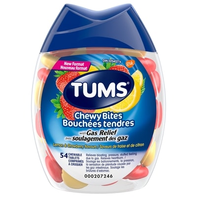 Tums Chewy Bites With Gas Relief Lemon And Strawberry Flavours 54 ea, $0.23/1ea