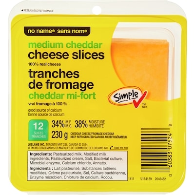 Sans Nom Tranches de fromage cheddar mi-fort 230 g, 2,52 $/100g