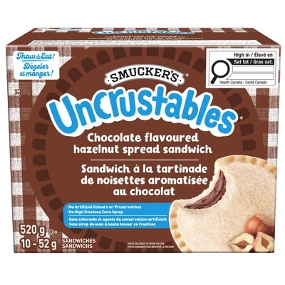 Smuckers Uncrustables Chocolate Flavoured Hazelnut Spread Sandwich 10 Sandwiches 10x52.0 g, $26.90/100g