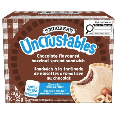 Smuckers Uncrustables Chocolate Flavoured Hazelnut Spread Sandwich 10 Sandwiches 10x52.0 g, $26.90/100g