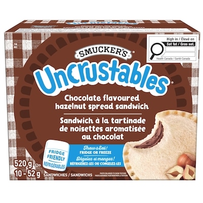 Smucker’s Uncrustables Sandwich à la Tartinade de Noisettes Aromatisée au Chocolat 10 Sandwichs 10x52.0 g, 21,15 $/100g