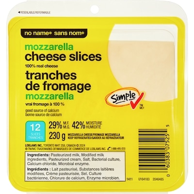 Sans Nom Tranches de fromage mozzarella 230 g, 2,52 $/100g