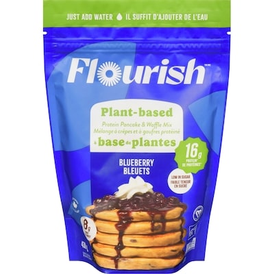 Flourish Mélange à crêpes et à gaufres protéiné à base de plantes bleuets 430 g, 2,56 $/100g