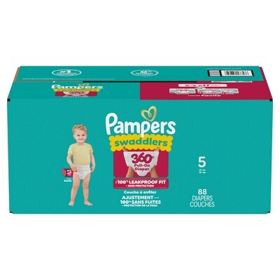 Pampers Couches à enfiler Swaddlers 360, pour une protection de la peau jusqu’à 100% sans fuites, taille5 (12,3kg et plus [27lb et plus]), 88couches 88 ea, 0,45 $/1ch