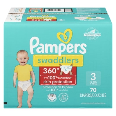 Pampers Couches à enfiler Swaddlers 360, pour une protection de la peau jusqu’à 100% sans fuites, taille3 (7,3kg à 12,7kg [16lb à 28lb]), 70couches 70 ea, 0,51 $/1ch