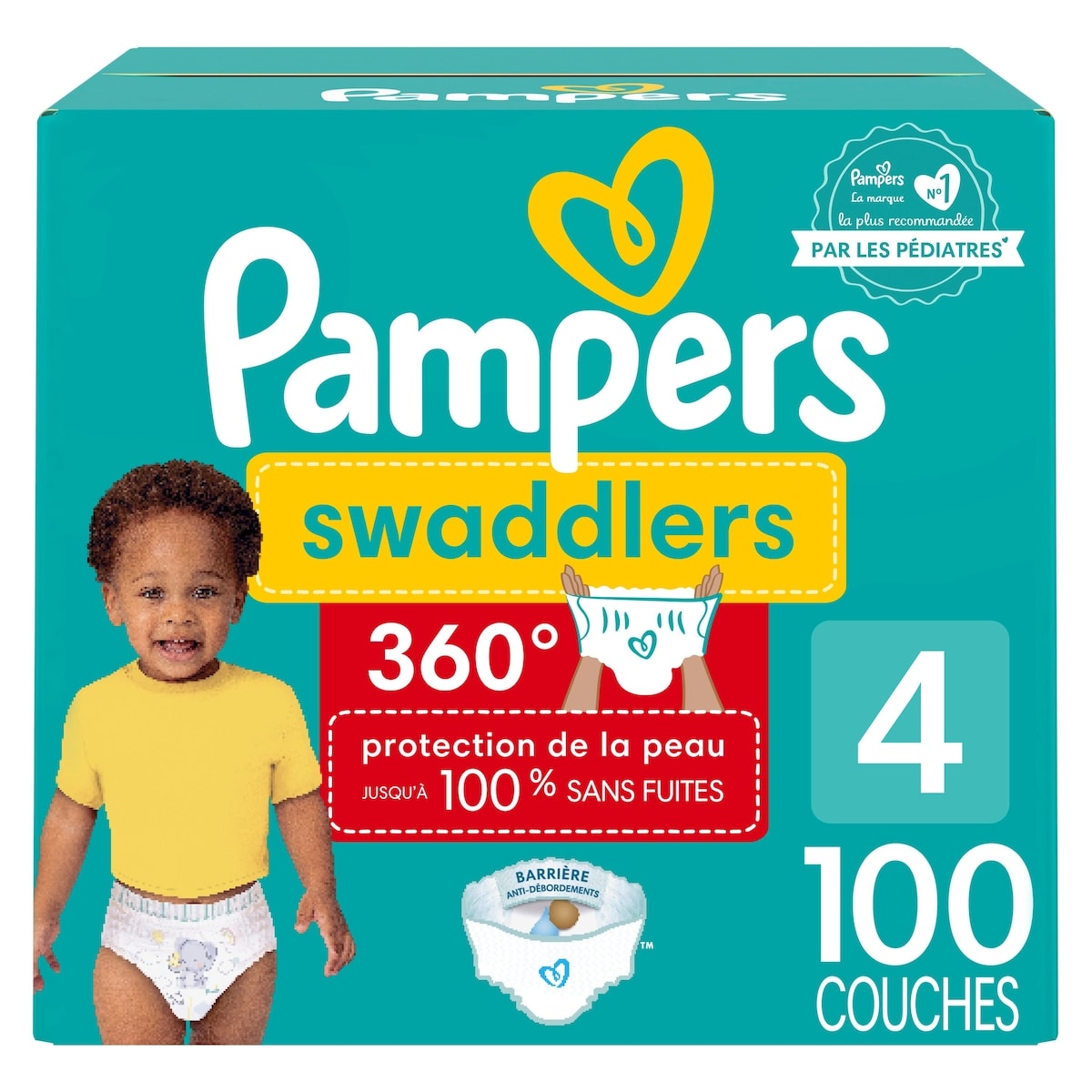 Pampers Couches à enfiler Swaddlers 360, pour une protection de la peau jusqu’à 100% sans fuites, taille4 (10kg à 16,8kg [22lb à 37lb]), 100couches 100 ea, 0,42 $/1ch