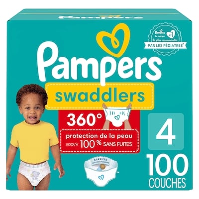 Pampers Couches à enfiler Swaddlers 360, pour une protection de la peau jusqu’à 100% sans fuites, taille4 (10kg à 16,8kg [22lb à 37lb]), 100couches 100 ea, 0,40 $/1ch