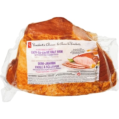 le Choix du Président Demi-jambon facile à découper avec sachet de glaçage sucré à l’érable fumé naturellement 12,10 $/1kg 5,49 $/1lb